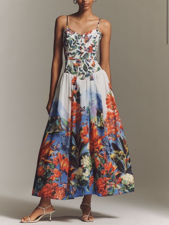 Anthropologie Dresses & Skirts - Anthropologie Muse Basque-Waist Midi Dress Ivory Floral Size Small NWT